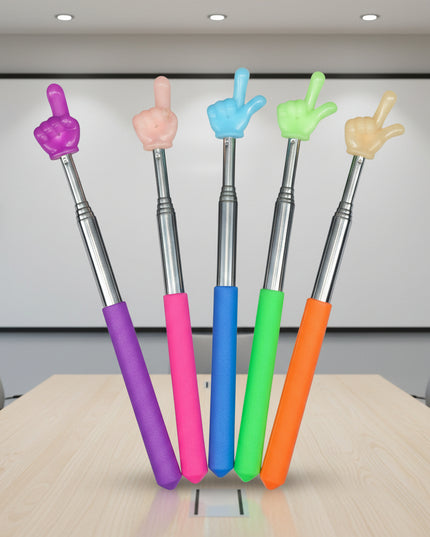 Five colorful pens with unique finger-shaped tips on a dark background