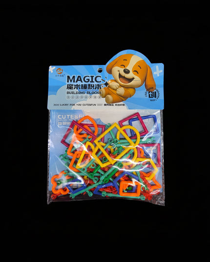 Packaged magic building blocks with colorful pieces and a cartoon dog on the label.