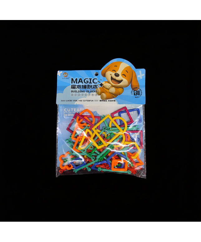 Packaged magic building blocks with colorful pieces and a cartoon dog on the label.