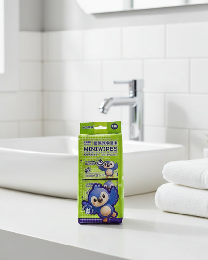 Pack of mini wipes with cartoon character on a metallic surface