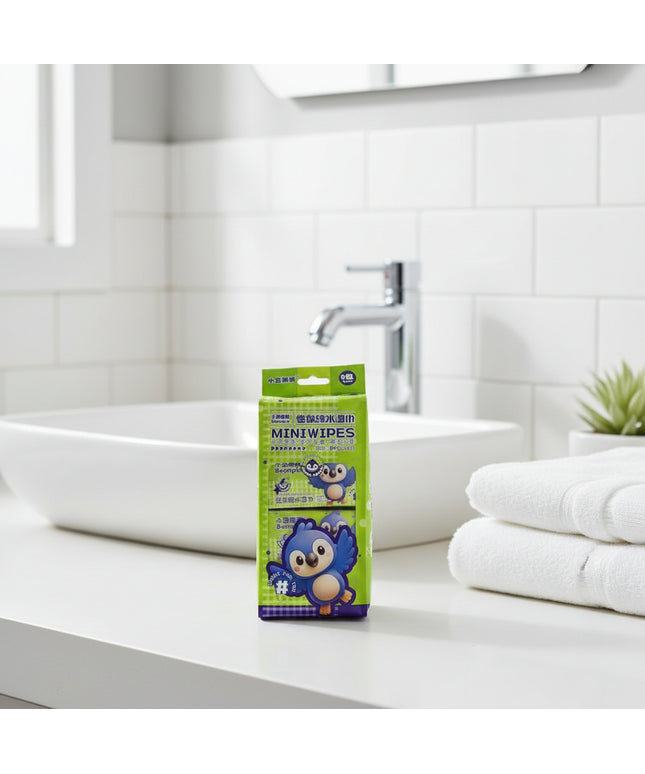 Pack of mini wipes with cartoon character on a metallic surface