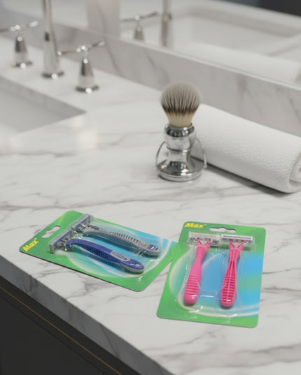 Two packages of razors with green and pink handles on a dark gray background
