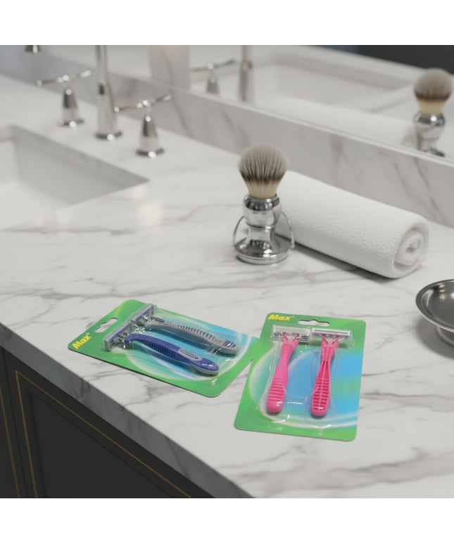 Two packages of razors with green and pink handles on a dark gray background