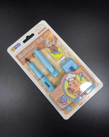 Stationery set packaging with cartoon bear design on a dark background