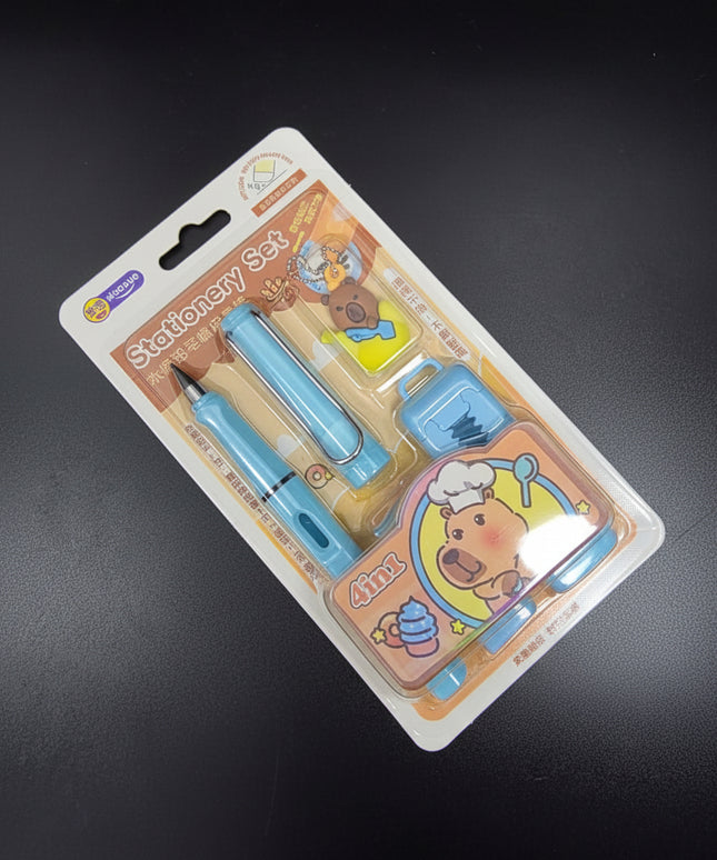 Stationery set packaging with cartoon bear design on a dark background