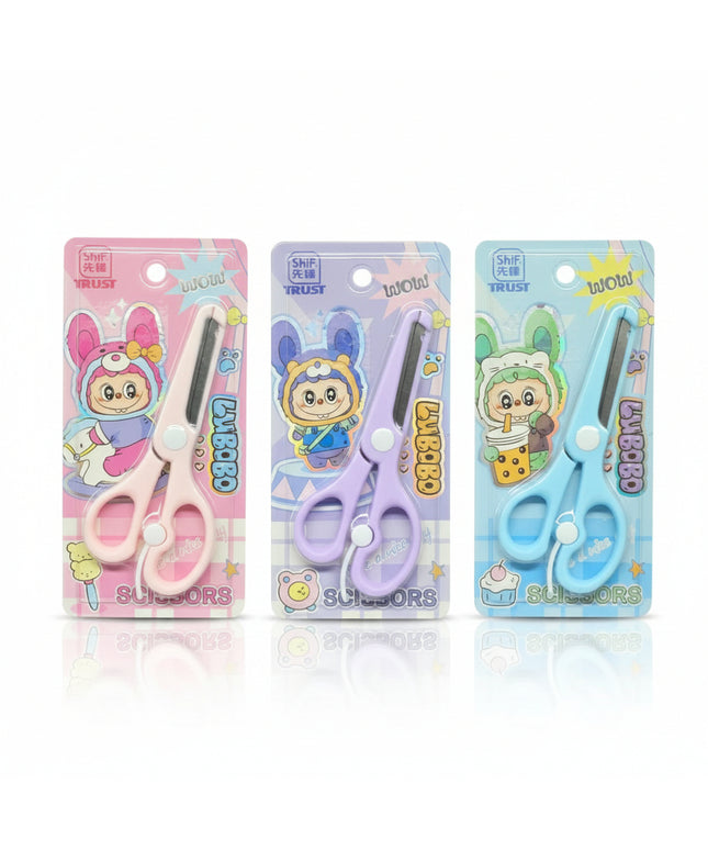 Three pairs of children's scissors with colorful packaging on a dark background