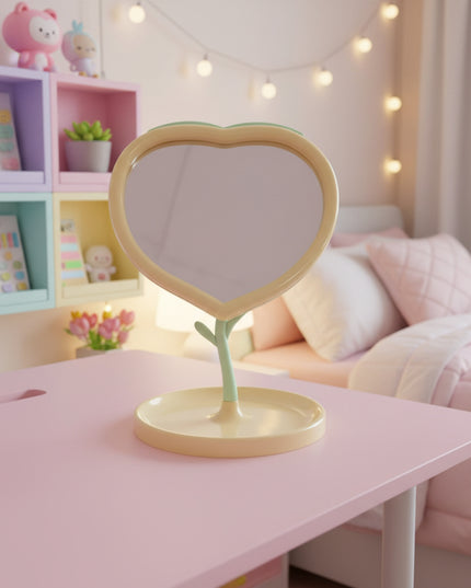 Heart-shaped mirror on a stand with a store shelf in the background